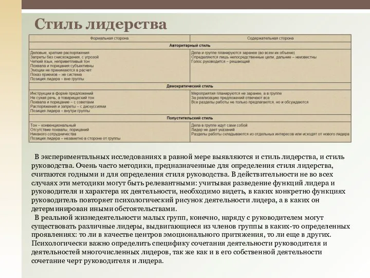 Стиль лидерства В экспериментальных исследованиях в равной мере выявляются и стиль