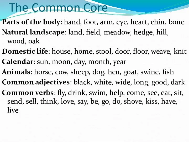 The Common Core Parts of the body: hand, foot, arm, eye,