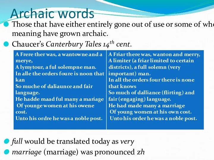 Archaic words Those that have either entirely gone out of use