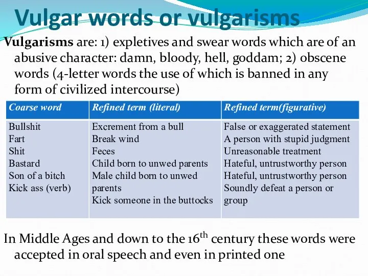 Vulgar words or vulgarisms Vulgarisms are: 1) expletives and swear words