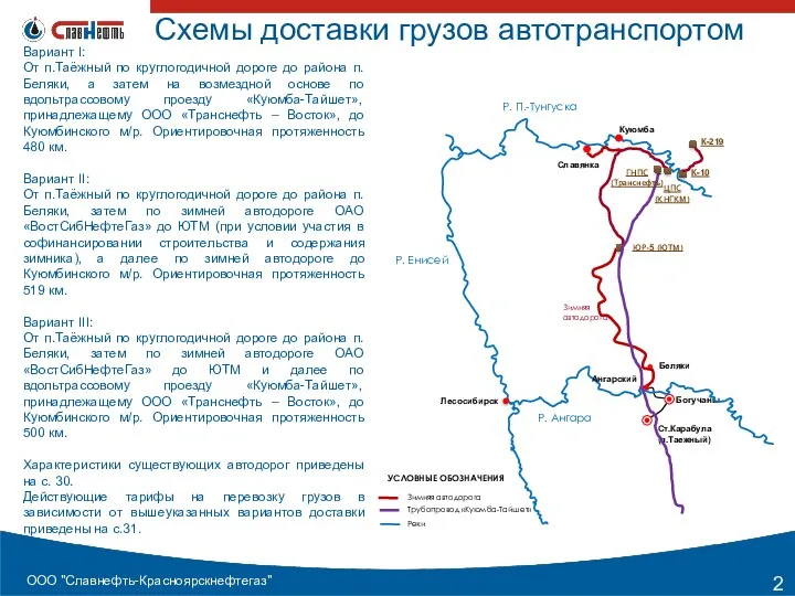 Схемы доставки грузов автотранспортом Вариант I: От п.Таёжный по круглогодичной дороге