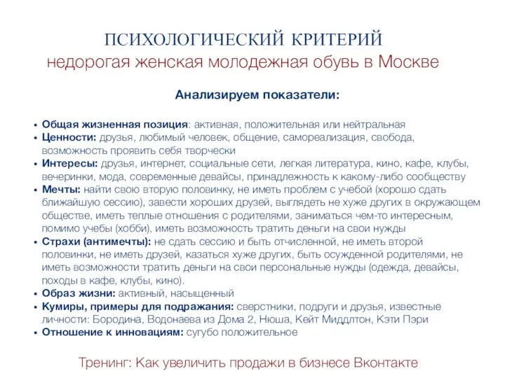 Тренинг: Как увеличить продажи в бизнесе Вконтакте ПСИХОЛОГИЧЕСКИЙ КРИТЕРИЙ недорогая женская