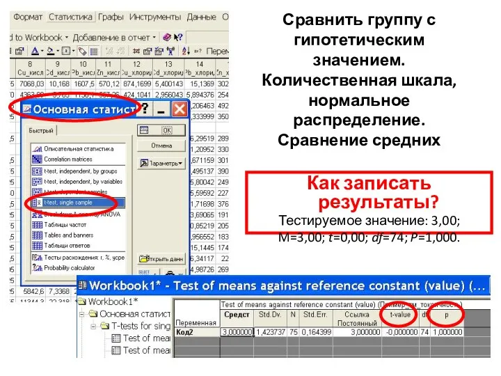 Сравнить группу с гипотетическим значением. Количественная шкала, нормальное распределение. Сравнение средних