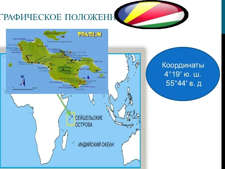 ГЕОГРАФИЧЕСКОЕ ПОЛОЖЕНИЕ Координаты 4°19′ ю. ш. 55°44′ в. д