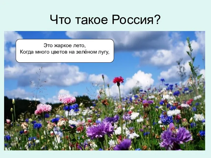 Что такое Россия? Это жаркое лето, Когда много цветов на зелёном лугу,