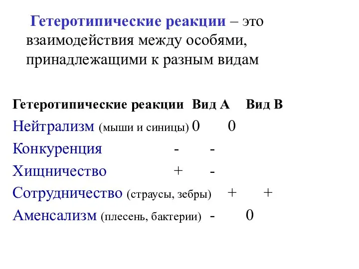 Гетеротипические реакции – это взаимодействия между особями, принадлежащими к разным видам