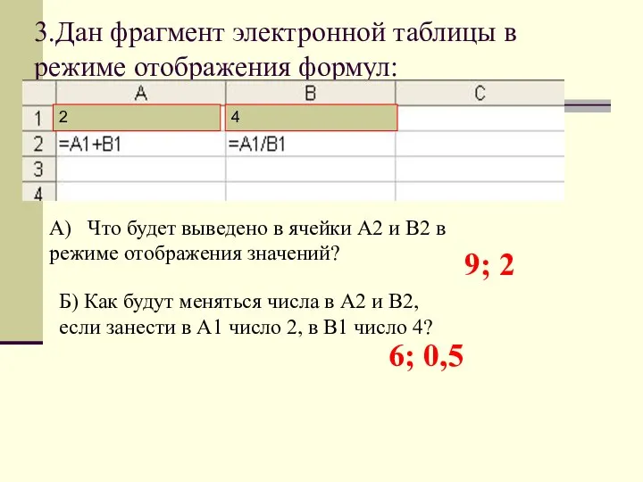 3.Дан фрагмент электронной таблицы в режиме отображения формул: А) Что будет