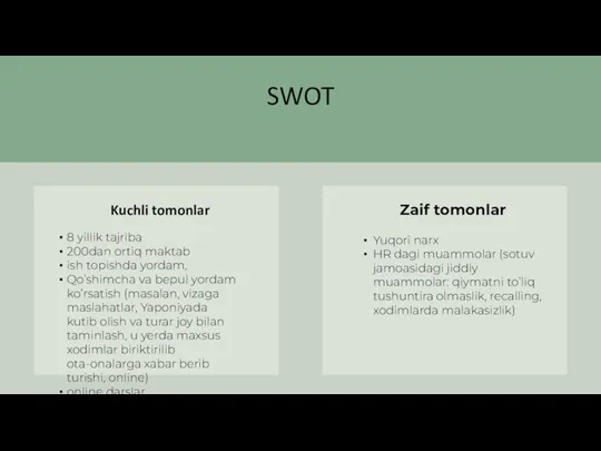 SWOT Kuchli tomonlar Zaif tomonlar 8 yillik tajriba 200dan ortiq maktab