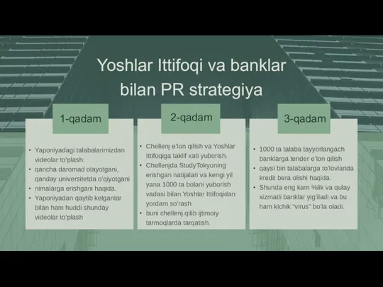 Yoshlar Ittifoqi va banklar bilan PR strategiya Yaponiyadagi talabalarimizdan videolar to’plash: