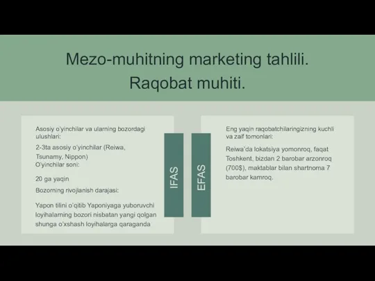 Mezo-muhitning marketing tahlili. Raqobat muhiti. Asosiy o’yinchilar va ularning bozordagi ulushlari: