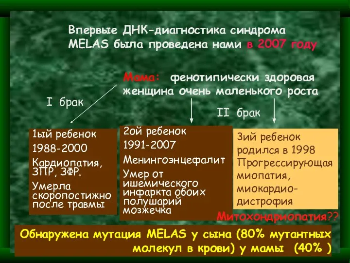 Впервые ДНК-диагностика синдрома MELAS была проведена нами в 2007 году Мама: