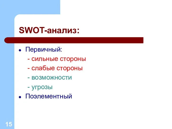 SWOT-анализ: Первичный: - сильные стороны - слабые стороны - возможности - угрозы Поэлементный