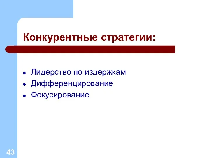 Конкурентные стратегии: Лидерство по издержкам Дифференцирование Фокусирование