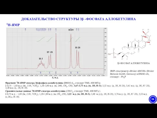 1Н-ЯМР ДОКАЗАТЕЛЬСТВО СТРУКТУРЫ 3β -ФОСФАТА АЛЛОБЕТУЛИНА Фрагмент 1H-ЯМР спектра 3β-фосфата аллобетулина