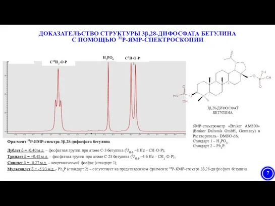 Фрагмент 31Р-ЯМР-спектра 3β,28-дифосфата бетулина Дублет δ = -0,40 м.д. – фосфатная