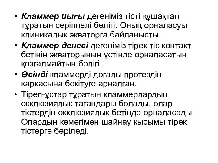 Кламмер иығы дегеніміз тісті құшақтап тұратын серіппелі бөлігі. Оның орналасуы клиникалық