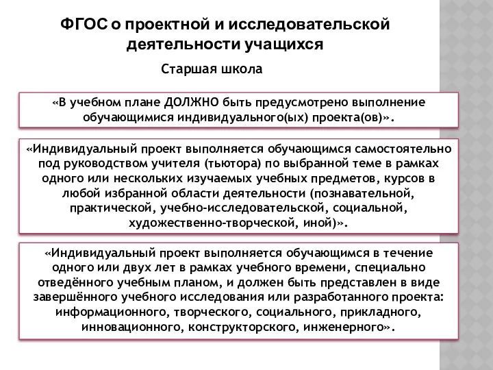 Старшая школа «В учебном плане ДОЛЖНО быть предусмотрено выполнение обучающимися индивидуального(ых)