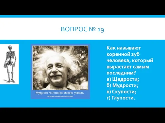 ВОПРОС № 19 Как называют коренной зуб человека, который вырастает самым