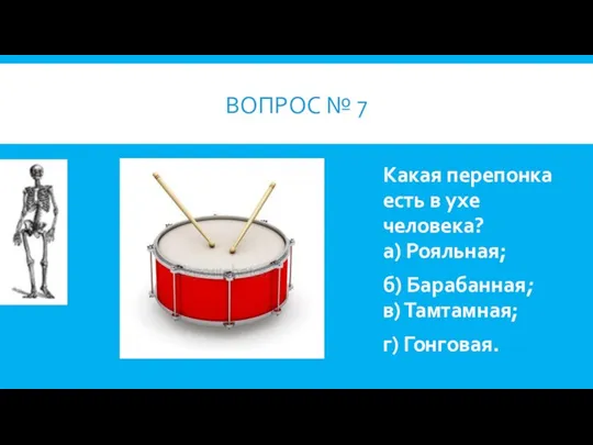 ВОПРОС № 7 Какая перепонка есть в ухе человека? а) Рояльная;