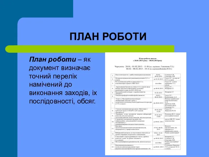 ПЛАН РОБОТИ План роботи – як документ визначає точний перелік намічений