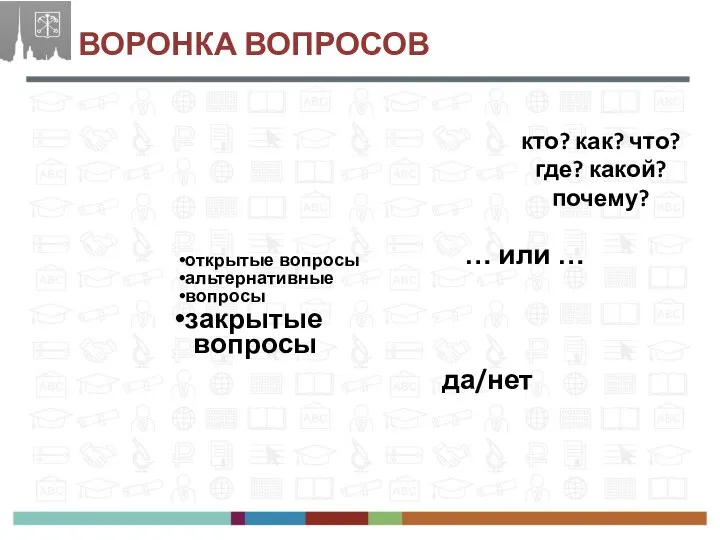 ВОРОНКА ВОПРОСОВ кто? как? что? где? какой? почему? … или …