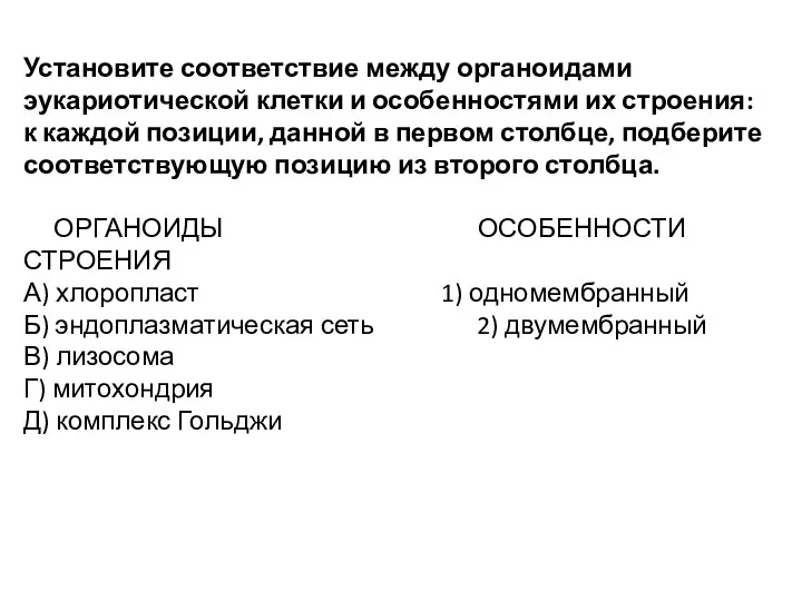 Установите соответствие между органоидами эукариотической клетки и особенностями их строения: к