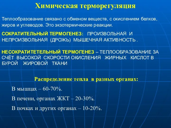 Химическая терморегуляция Теплообразование связано с обменом веществ, с окислением белков, жиров