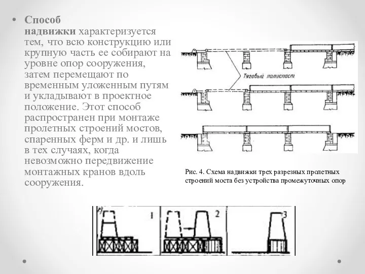 Способ надвижки характеризуется тем, что всю конструкцию или крупную часть ее