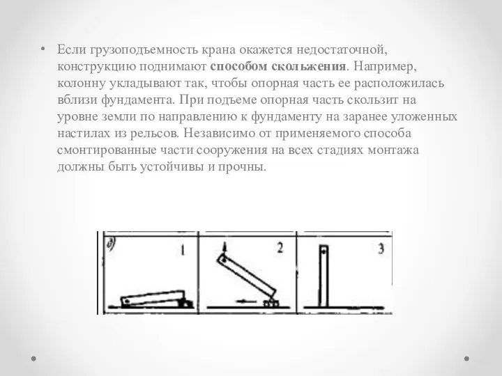 Если грузоподъемность крана окажется недостаточной, конструкцию поднимают способом скольжения. Например, колонну