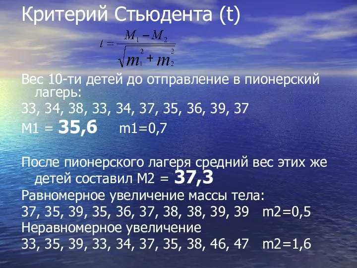 Критерий Стьюдента (t) Вес 10-ти детей до отправление в пионерский лагерь: