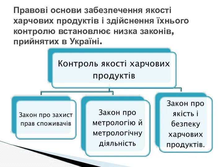 Правові основи забезпечення якості харчових продуктів і здійснення їхнього контролю встановлює низка законів, прийнятих в Україні.