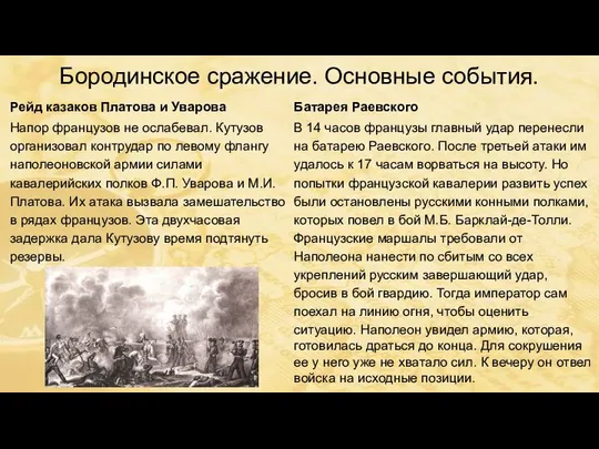 Бородинское сражение. Основные события. Рейд казаков Платова и Уварова Напор французов