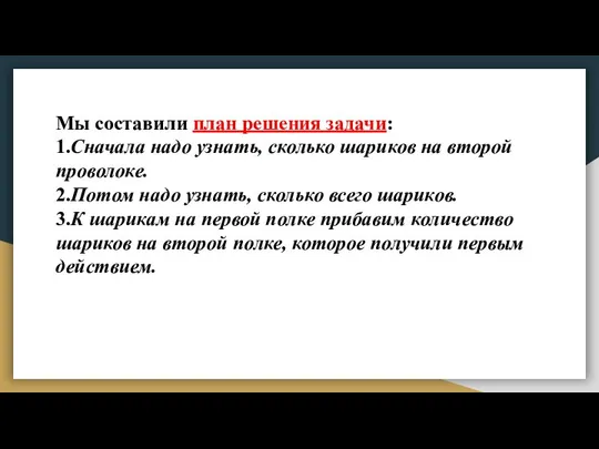 Мы составили план решения задачи: 1.Сначала надо узнать, сколько шари­ков на