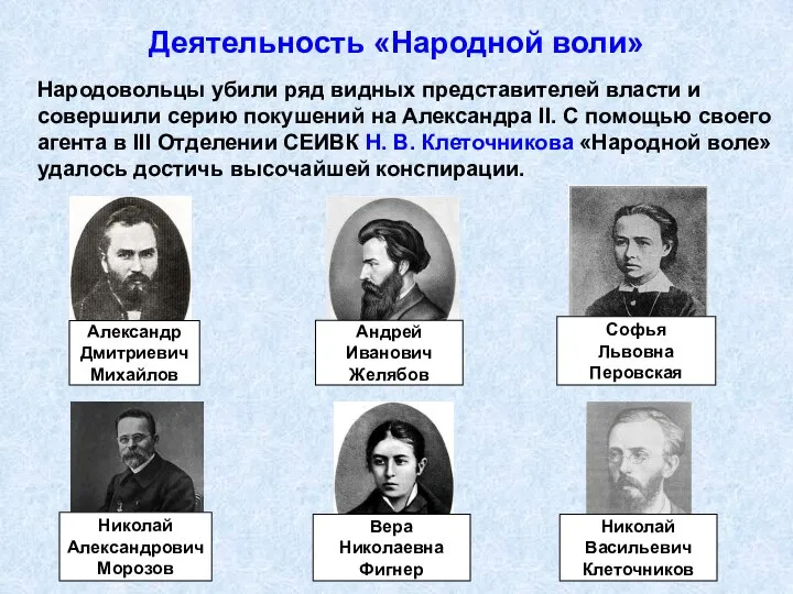 Деятельность «Народной воли» Народовольцы убили ряд видных представителей власти и совершили