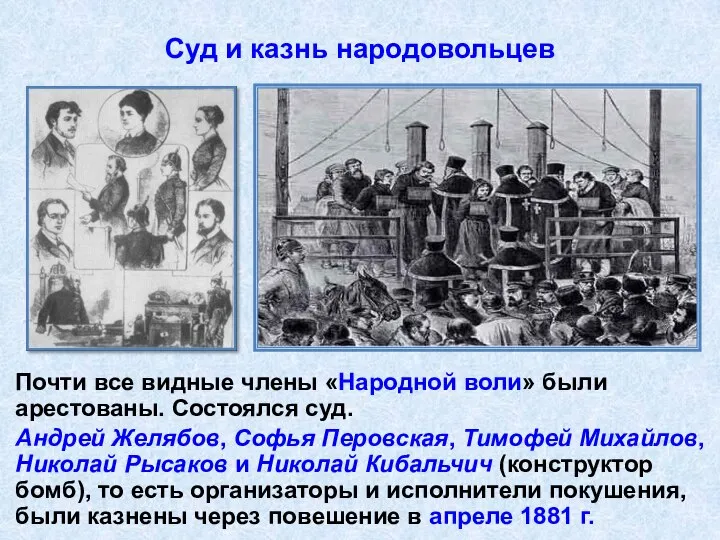 Суд и казнь народовольцев Почти все видные члены «Народной воли» были