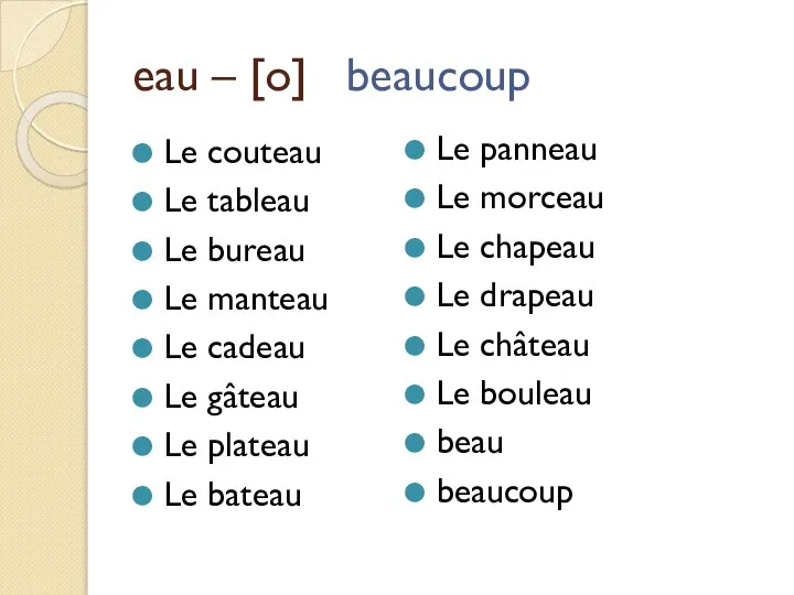 eau – [o] beaucoup Le couteau Le tableau Le bureau Le