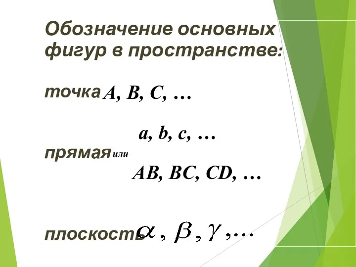 Обозначение основных фигур в пространстве: точка прямая плоскость A, B, C,