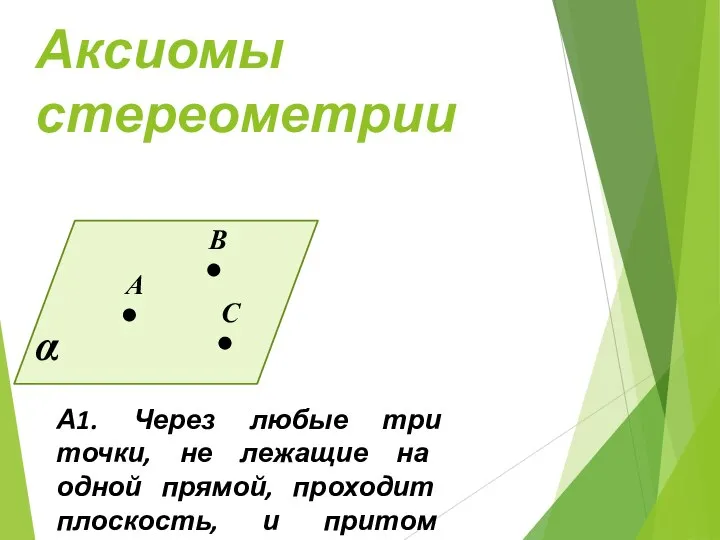 Аксиомы стереометрии А1. Через любые три точки, не лежащие на одной