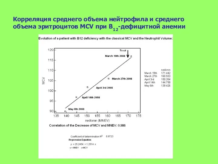 Корреляция среднего объема нейтрофила и среднего объема эритроцитов MCV при В12-дефицитной анемии