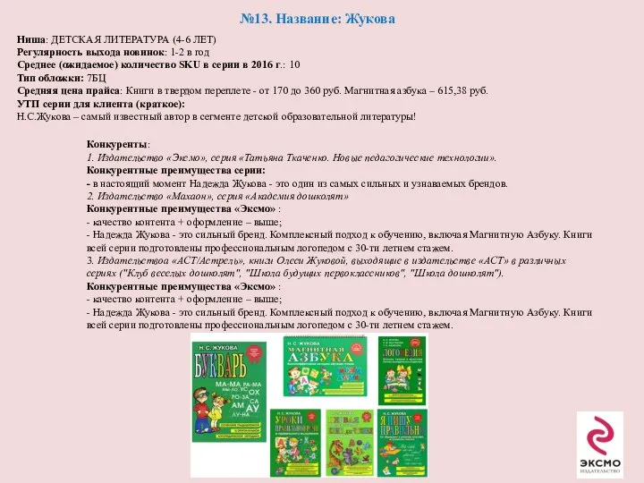 №13. Название: Жукова Ниша: ДЕТСКАЯ ЛИТЕРАТУРА (4-6 ЛЕТ) Регулярность выхода новинок: