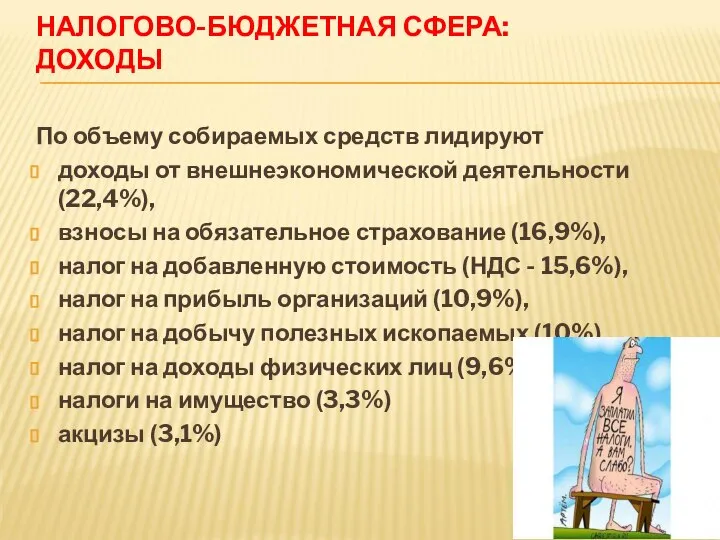 НАЛОГОВО-БЮДЖЕТНАЯ СФЕРА: ДОХОДЫ По объему собираемых средств лидируют доходы от внешнеэкономической