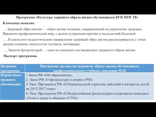 Программа «Культура здорового образа жизни обучающихся КГК ПОУ 18» Ключевые понятия