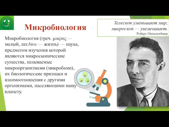 Микробиология Микробиология (греч. μικρος — малый, лат.bios — жизнь) — наука,