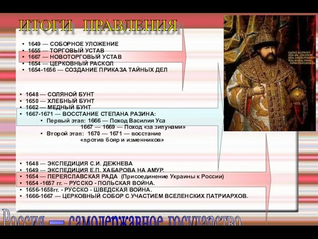 ИТОГИ ПРАВЛЕНИЯ 1649 — СОБОРНОЕ УЛОЖЕНИЕ 1655 — ТОРГОВЫЙ УСТАВ 1667