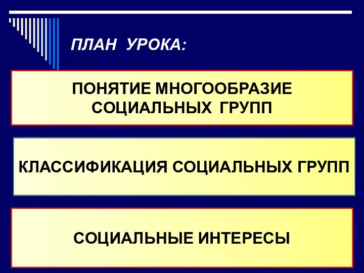 ПЛАН УРОКА: ПОНЯТИЕ МНОГООБРАЗИЕ СОЦИАЛЬНЫХ ГРУПП СОЦИАЛЬНЫЕ ИНТЕРЕСЫ