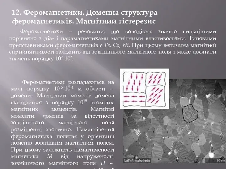 12. Феромагнетики. Доменна структура феромагнетиків. Магнітний гістерезис Феромагнетики – речовини, що