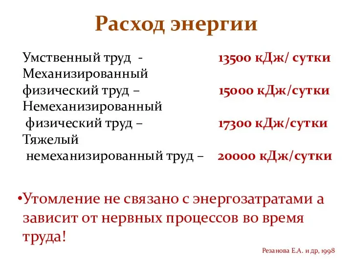 Расход энергии Умственный труд - 13500 кДж/ сутки Механизированный физический труд