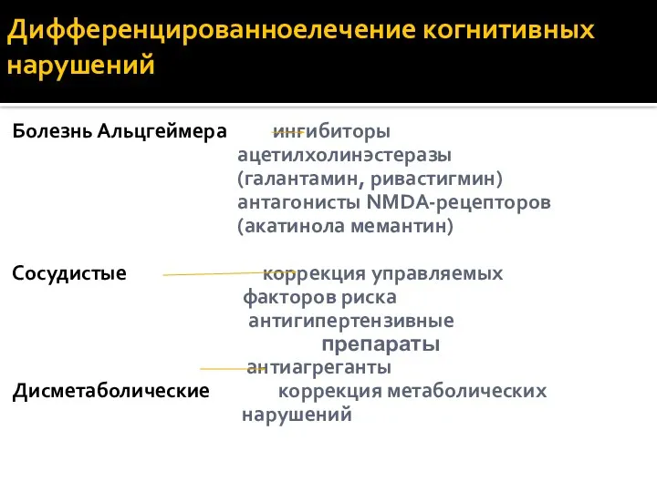 Дифференцированноелечение когнитивных нарушений Болезнь Альцгеймера ингибиторы ацетилхолинэстеразы (галантамин, ривастигмин) антагонисты NMDA-рецепторов