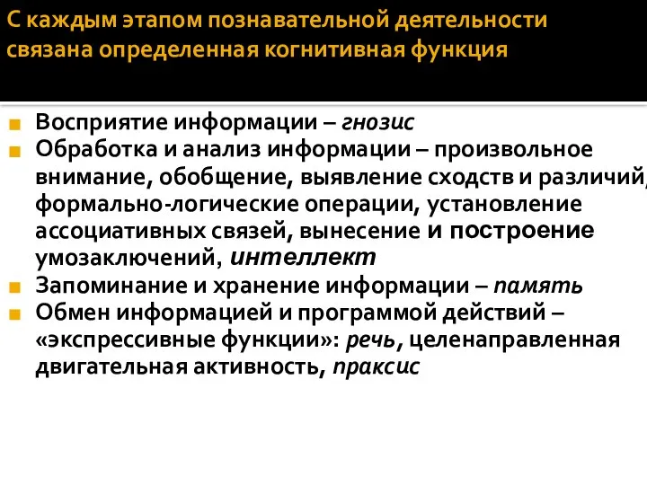 С каждым этапом познавательной деятельности связана определенная когнитивная функция Восприятие информации