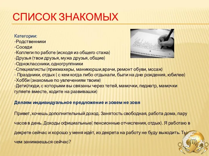 СПИСОК ЗНАКОМЫХ Категории: -Родственники -Соседи -Коллеги по работе (исходя из общего